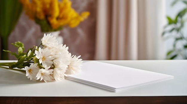 White paper with flowers on a desk in a room generated ai