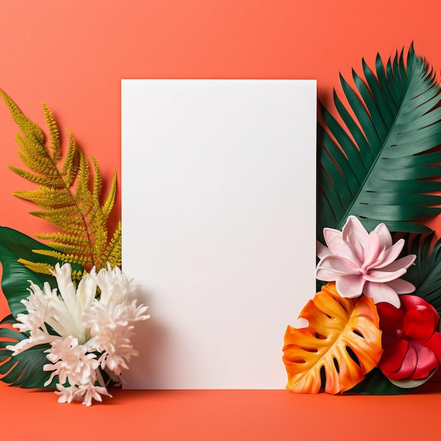 A white paper with a tropical leaf and a white paper with a white background.