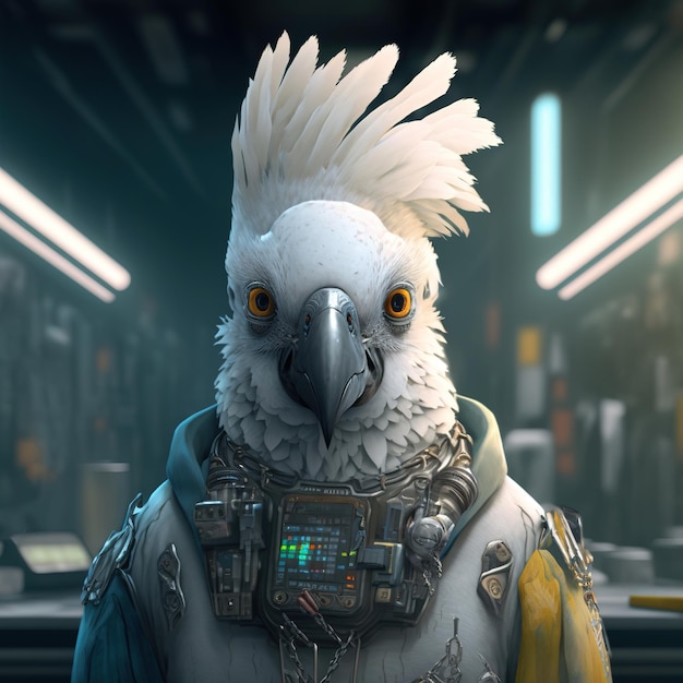 White parrot mechanic in special suit