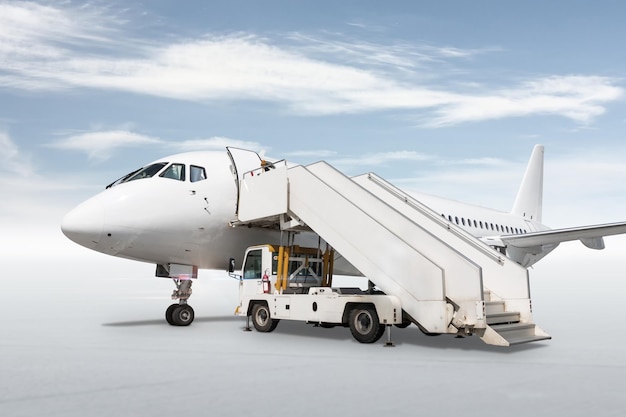White passenger aircraft with a boarding stairs isolated on bright background with sky