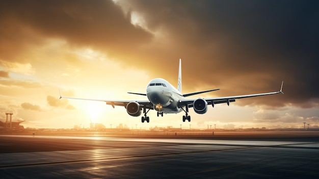 White passenger airplane on the airport runway