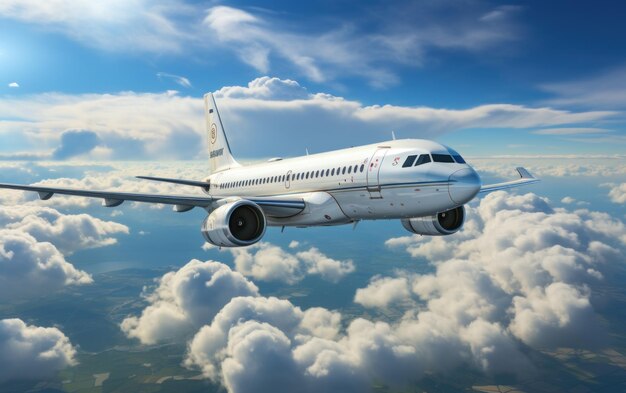 White passenger airplane flying in the sky amazing clouds in the background