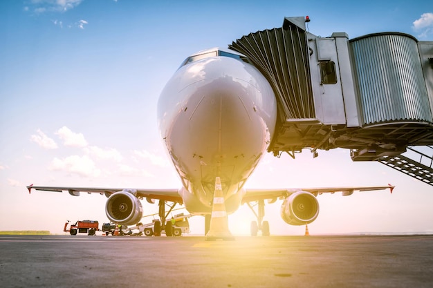 A white passenger airplane stands at the boarding bridge and is loaded with baggage