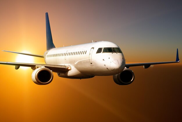 白い旅客機が夕日の光の中で雲の上を飛ぶ