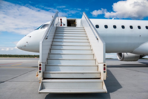 White passenger jetliner with a boarding stairs on the airport\
apron