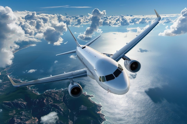 Photo white passenger wide body plane aircraft is flying in blue cloudy sky over the sea