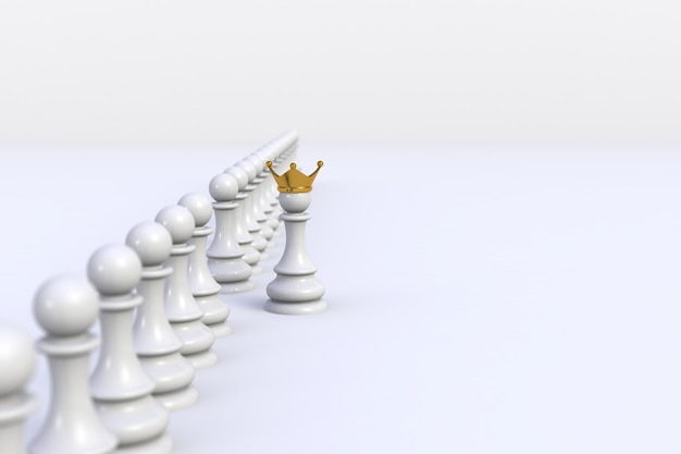 Photo white pawn of chess standing out from the crowd on white