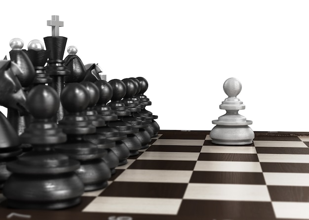 チェス盤に黒いチェスの列に配置された正面に立っている白いポーン