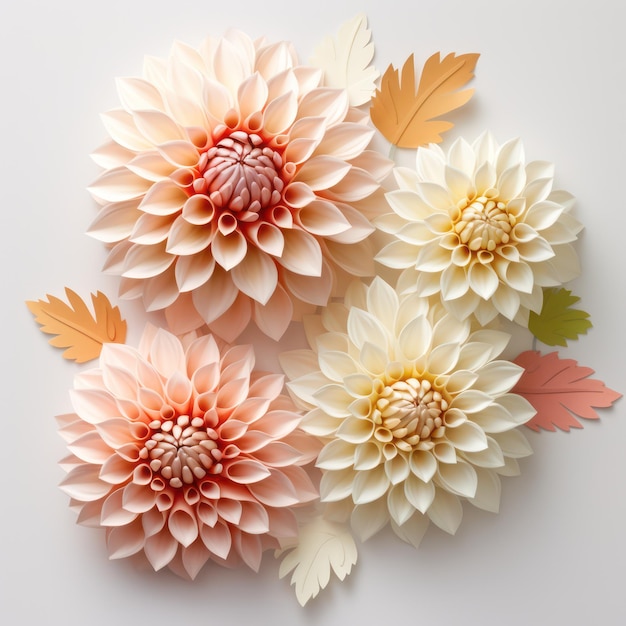 White and peach dahlia flowers on white background