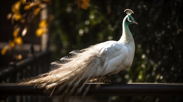 A white peacock sits on a black railing in front of a green tree.