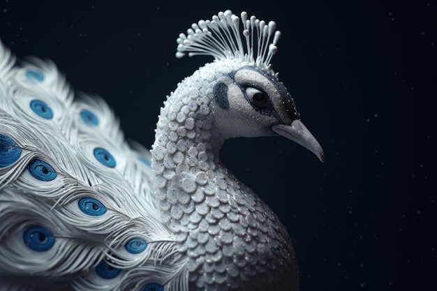 A white peacock with blue feathers is on a dark background.