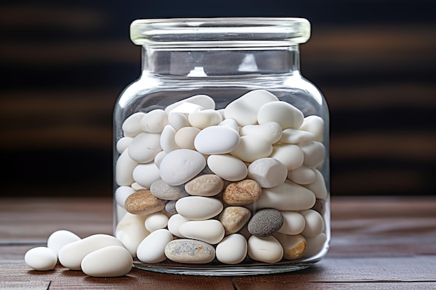 White pebbles stacked in a glass jar