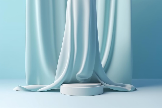 A white pedestal in front of a blue curtain generative ai