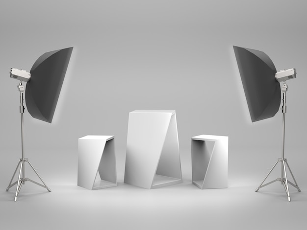 Photo white pedestal for product show with light box in studio room. 3d rendering