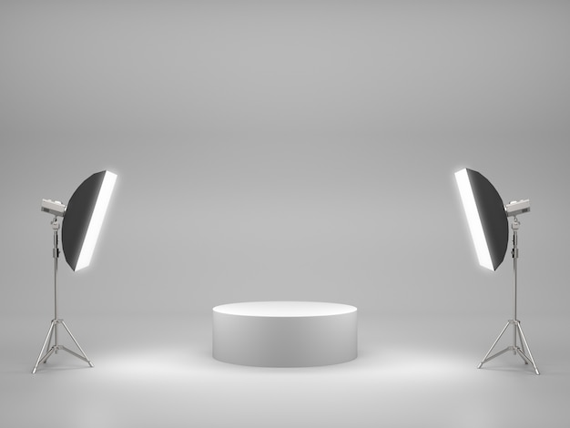 White pedestal for product show with light box in studio room. 3D rendering