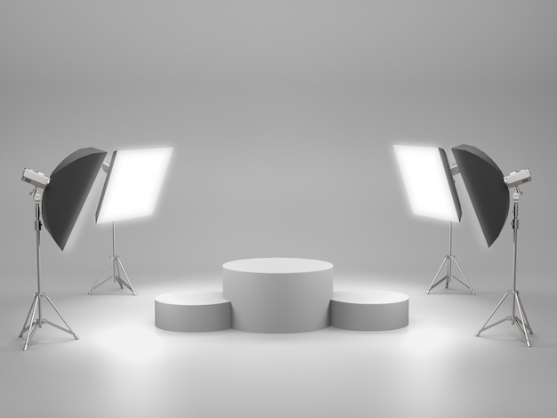 White pedestal for product show with light box in studio room. 3D rendering