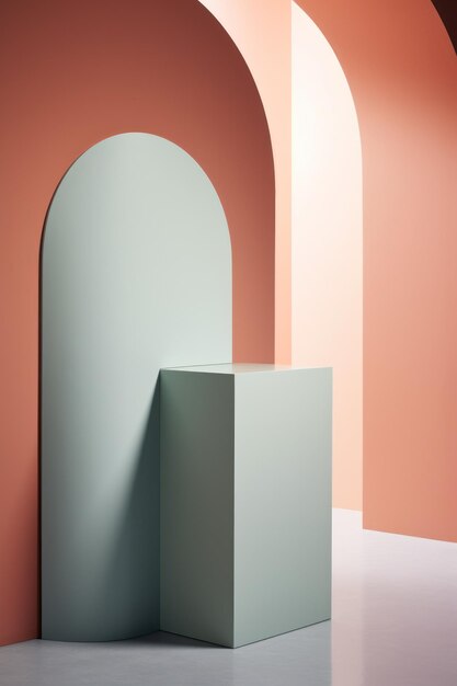 A white pedestal in a room with pink walls