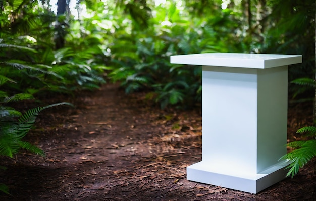 White pedestal in tropical forest for product presentation Behind is a view of the sky.