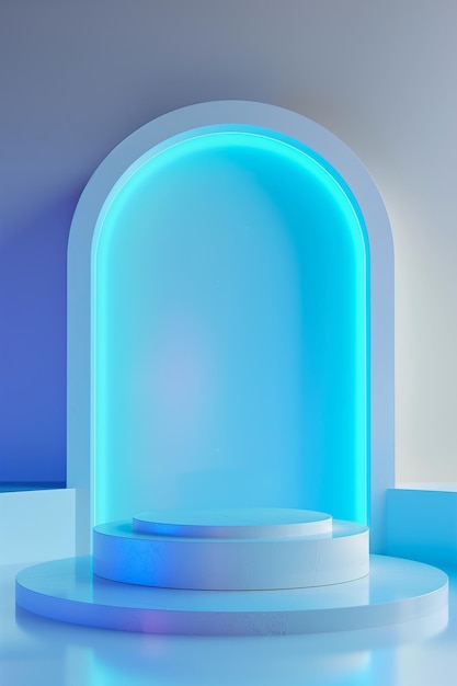 A white pedestal with a blue light shining on it