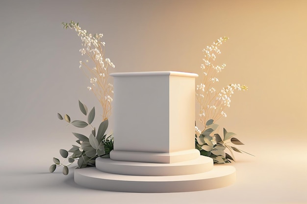 A white pedestal with a white pedestal and flowers.