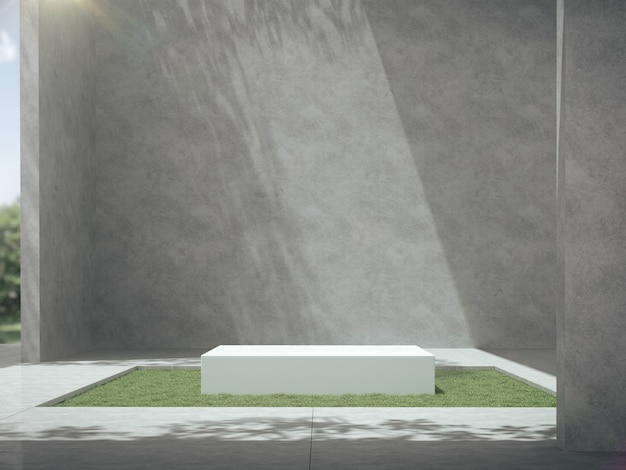 White pedestals for product show in concrete room with grass field.
