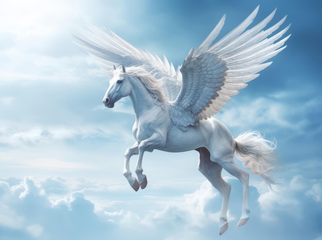 Photo white pegasus horse with wings flying in the blue sky