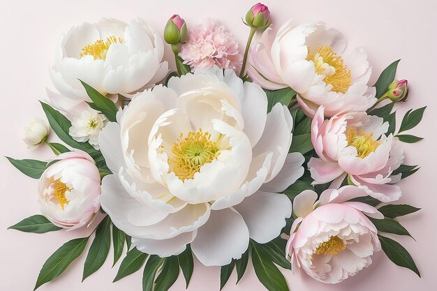White peonies and ectromelia narusova background delicate floral arrangement in pastel colors