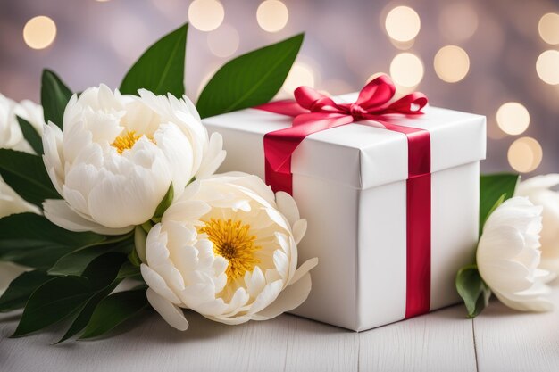 White Peonies and Gift Box with Bokeh