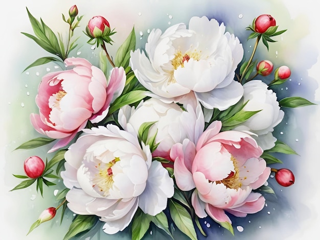 White Peonies Peony Flowers isolated watercolor illustration painting