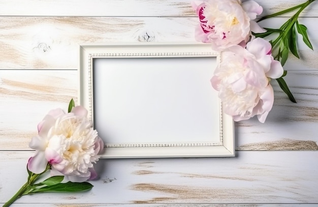 White peonies with empty white frame Generative ai