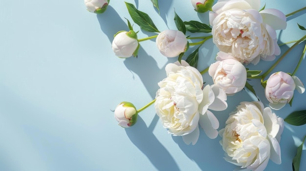 White peonies with leaves floating on water surface