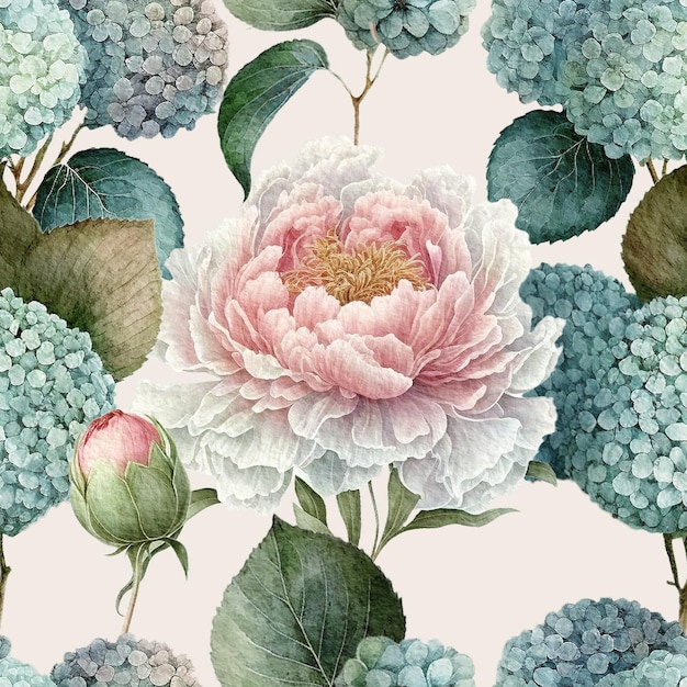 White peony and blue hydrangea watercolor elegant pastel summer floral seamless pattern