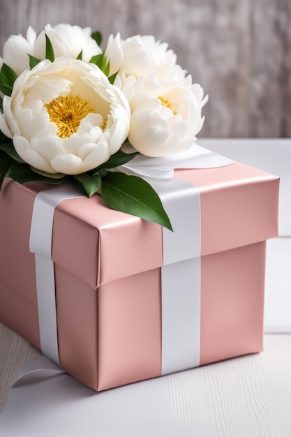 Foto peonia bianca e scatola da regalo su un tavolo di legno