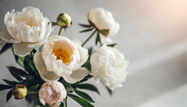 Photo white peony rose buds on a light backdrop with delicate shadows evoking a sense of purity and tranq