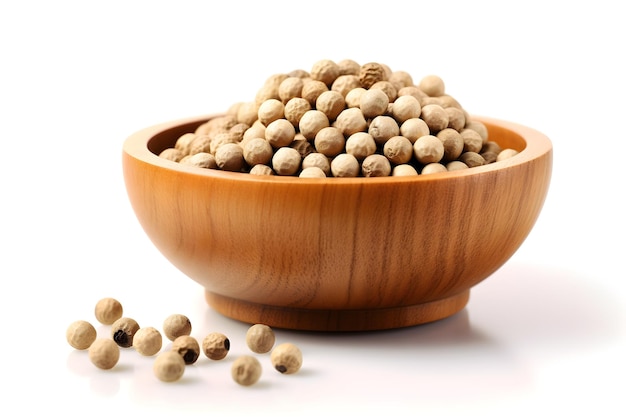 White Pepper on wooden bowl