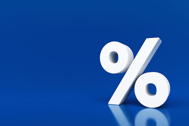 white percentage mark symbol on blue background with blurred reflection on floor 3d rendering