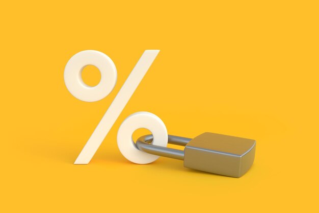 White percentage sign locked with keypad lock on a yellow background with copy space 3d render