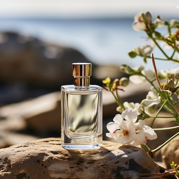 Белый флакон духов на камнях с цветами Шаблон стиля аромата для парфюмерного бизнеса