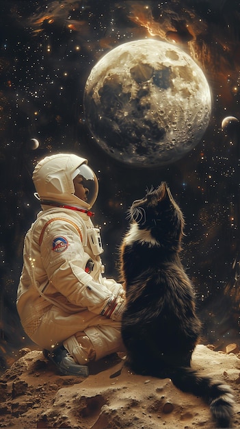 White Persian Cat and Black Cat in Spacesuit Costume