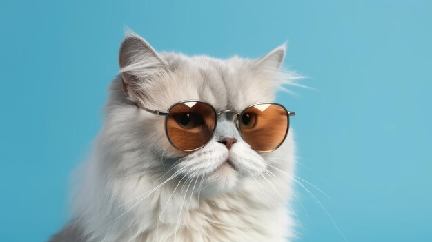 A white persian cat wearing sunglasses