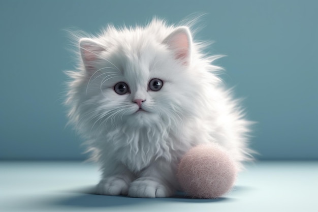 White persian kitten with pink ball on blue background close up