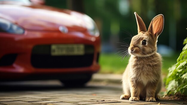 White pet rabbit on car