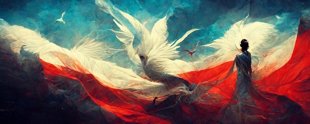 A white phoenix bird is flying in the sky.