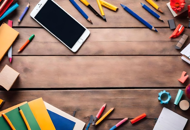 белый телефон сидит на деревянном столе с цветным карандашом и ручкой