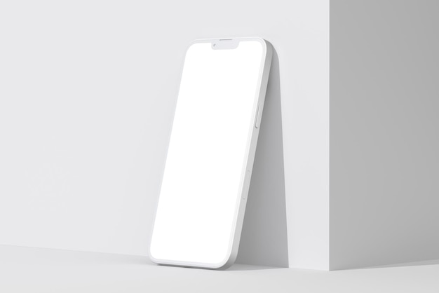 A white phone with a blank screen is on a white surface.