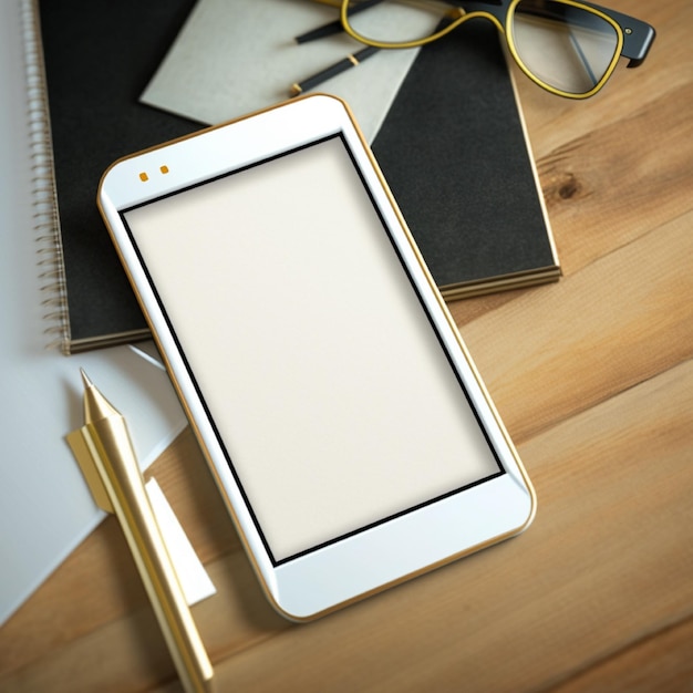 A white phone with a blank screen sits on a wooden table next to a pair of pencils.