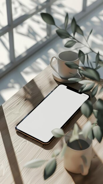 a white phone on a wooden table with a plant in the background