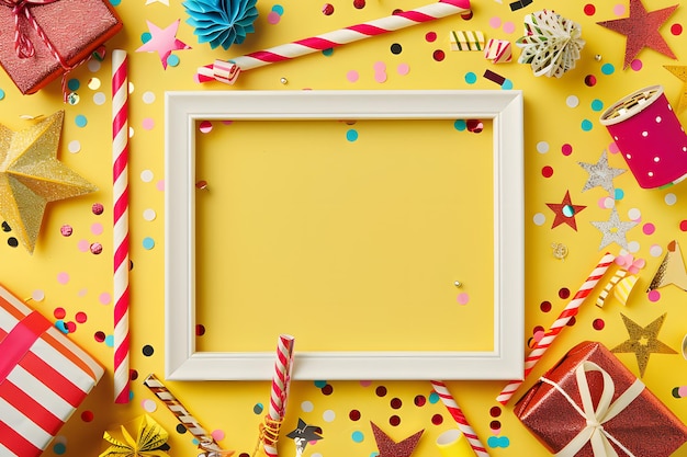 A white photo frame with party decorations and gifts