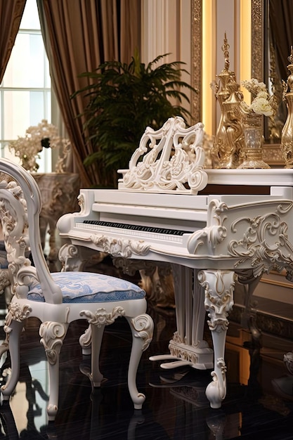 a white piano has an ornamental frame and table with chairs in the style of tropical baroque