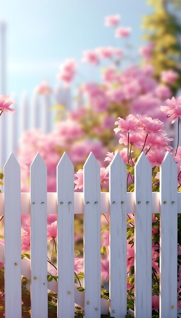 ピンクの花の晴れた背景に囲まれた白いピケットフェンス